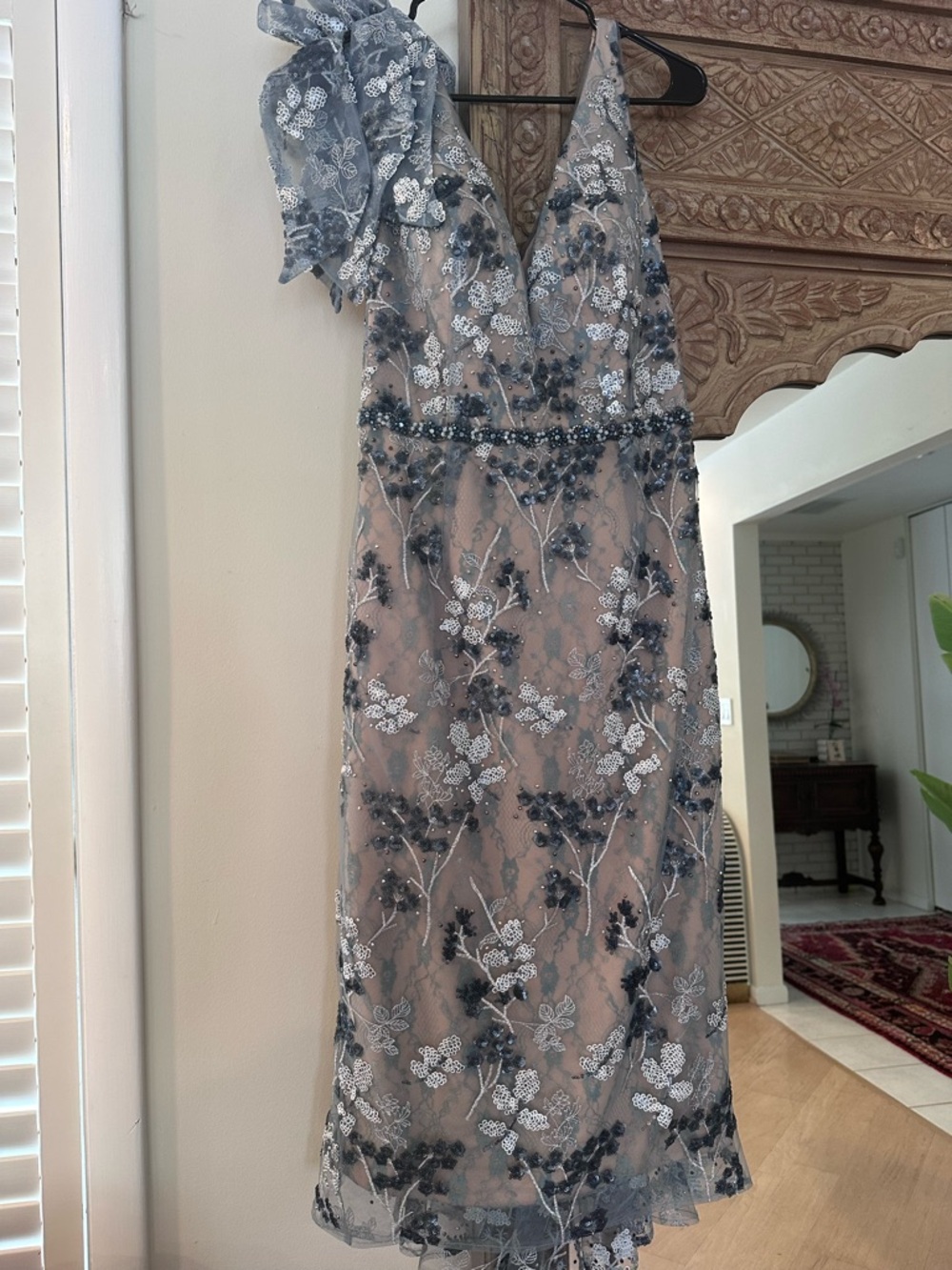 Mac Duggal Nude Midi Dress with Blue Floral Lace and Shoulder Bow Accent - Picture 9 of 9